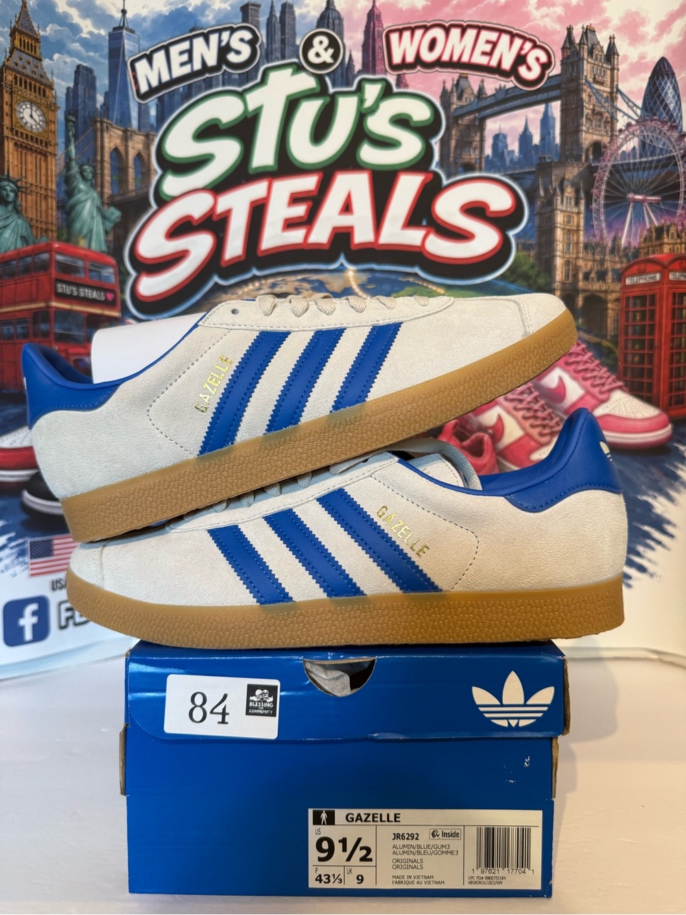 adidas Gazelle Men’s Sneakers — White with Blue Stripes and Gum Sole